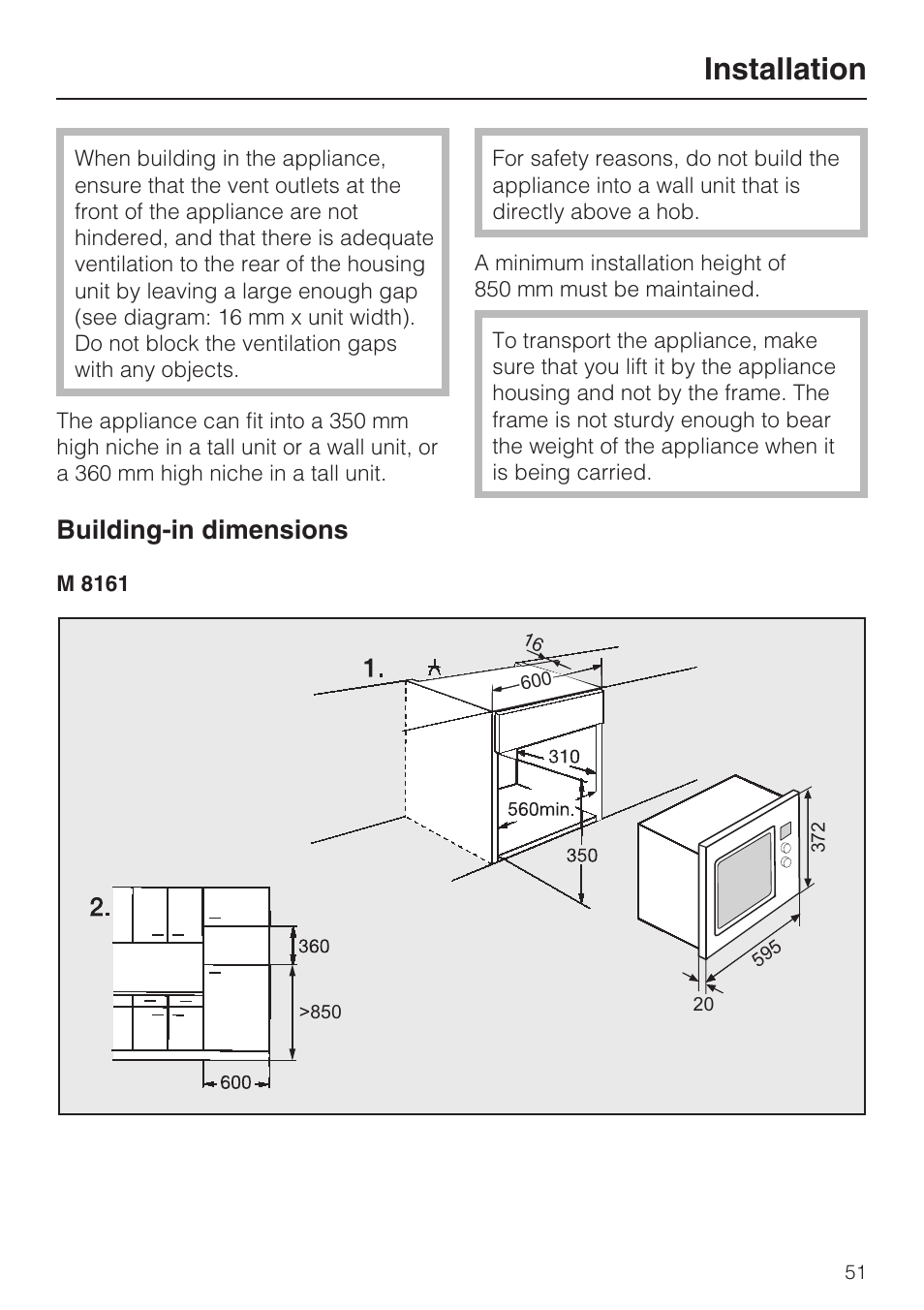 Installation 51, Installation, Building-in dimensions | Miele M 8151-1 User Manual | Page 51 / 56