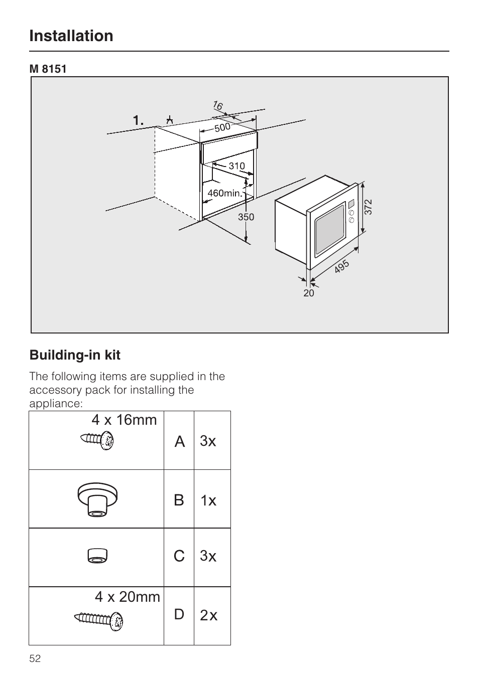 Installation | Miele M 8151-1 User Manual | Page 52 / 56