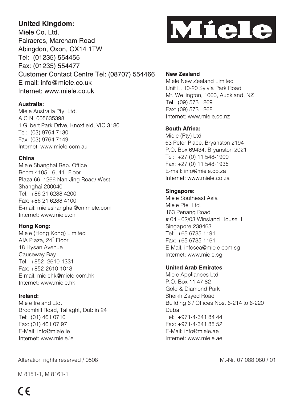 Miele M 8151-1 User Manual | Page 56 / 56