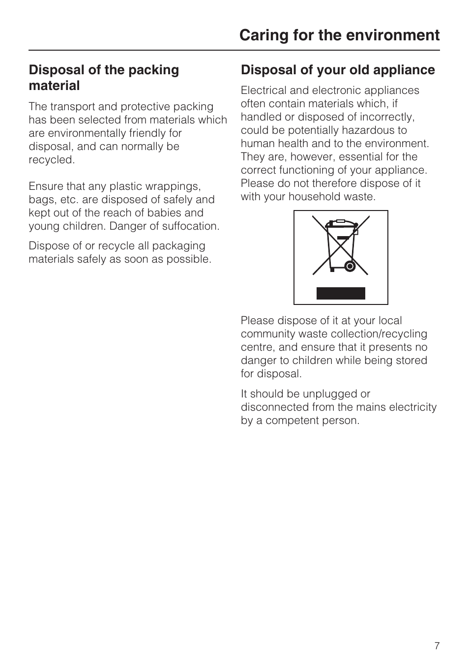 Caring for the environment 7, Caring for the environment | Miele M 8151-1 User Manual | Page 7 / 56