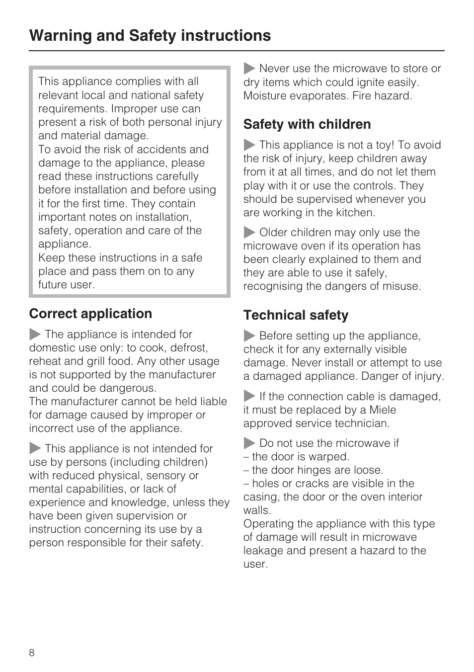 Warning and safety instructions 8, Warning and safety instructions | Miele M 8151-1 User Manual | Page 8 / 56