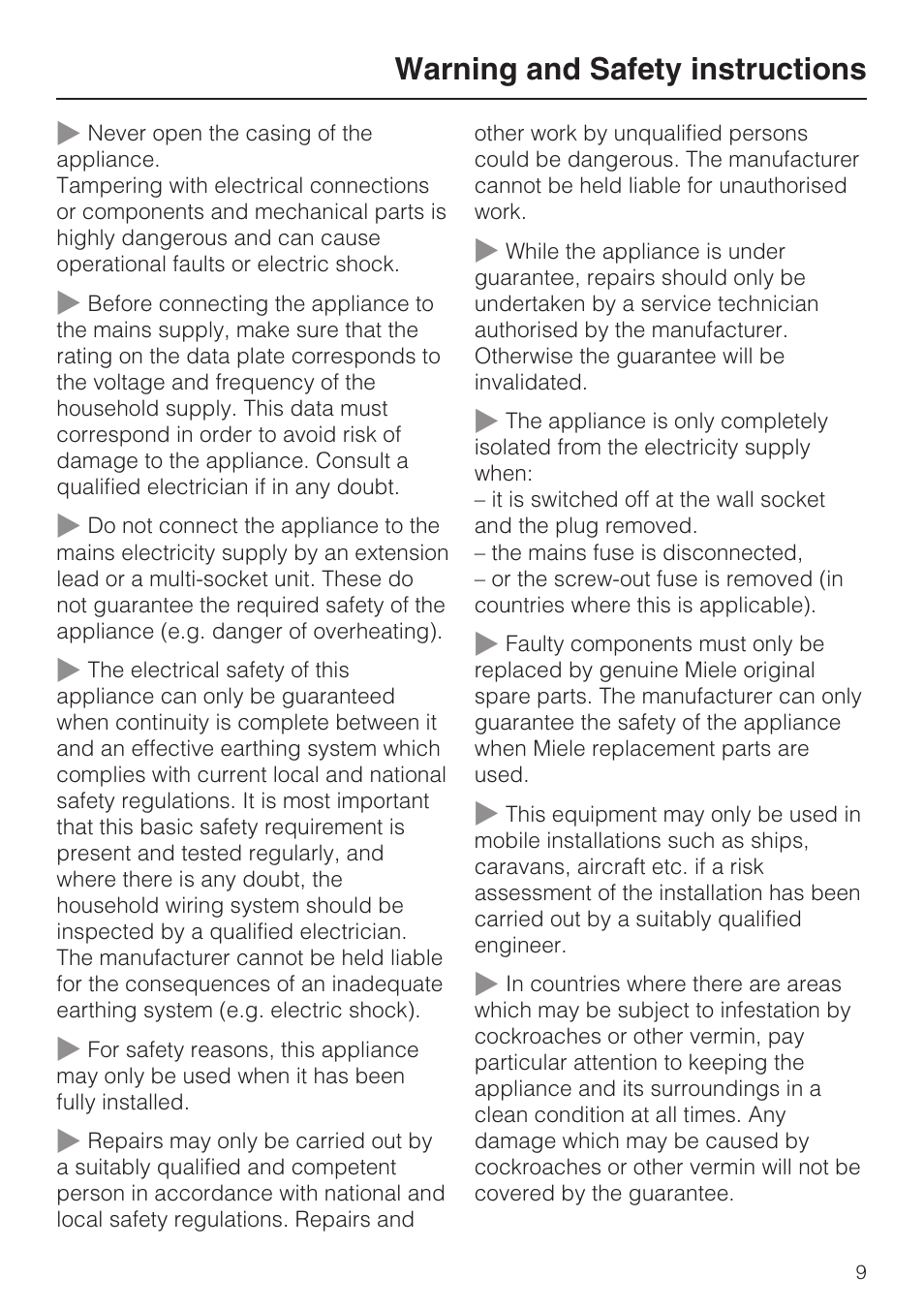 Warning and safety instructions | Miele M 8151-1 User Manual | Page 9 / 56