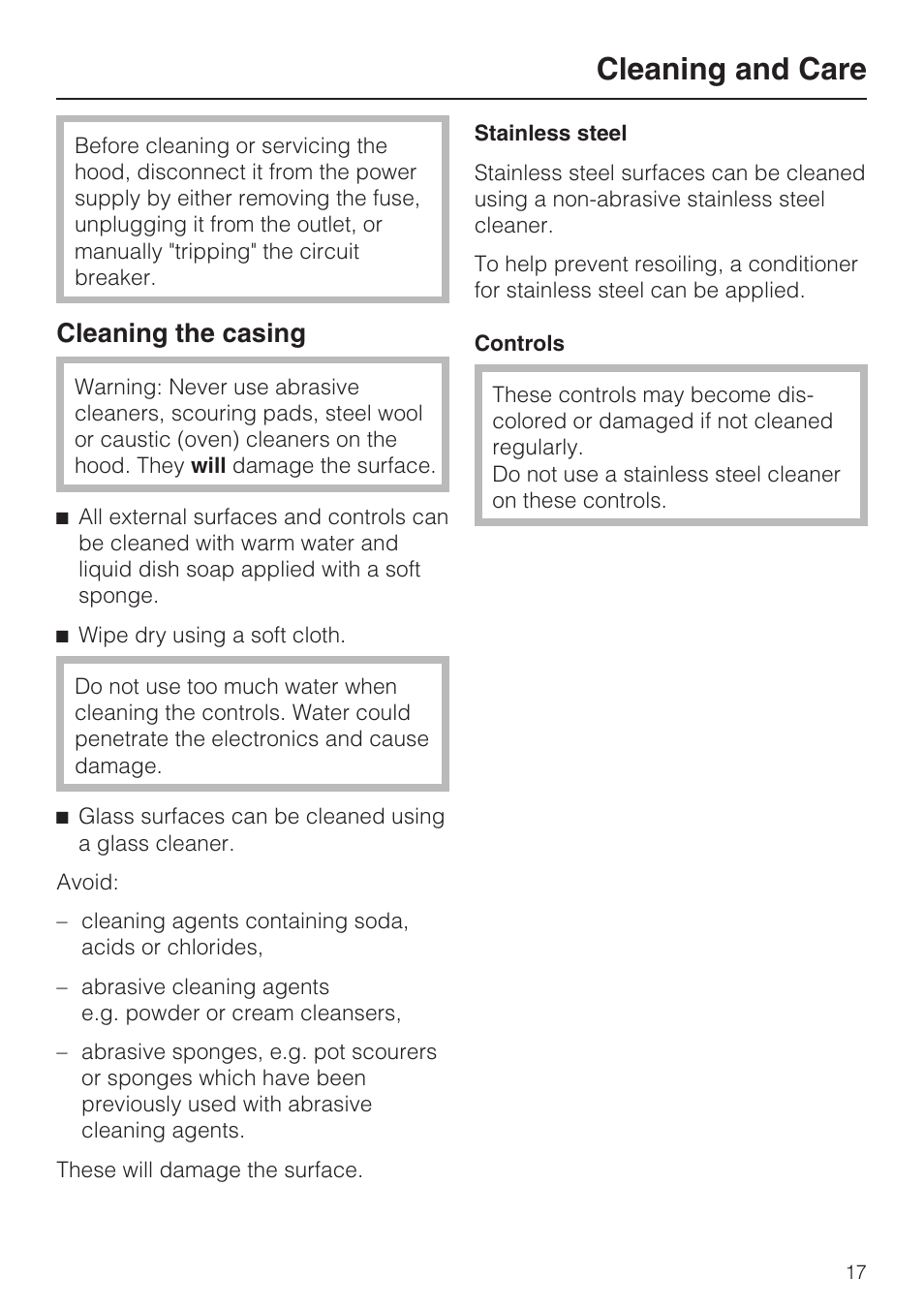 Cleaning and care 17, Cleaning the casing 17, Cleaning and care | Cleaning the casing | Miele DA408 User Manual | Page 17 / 36