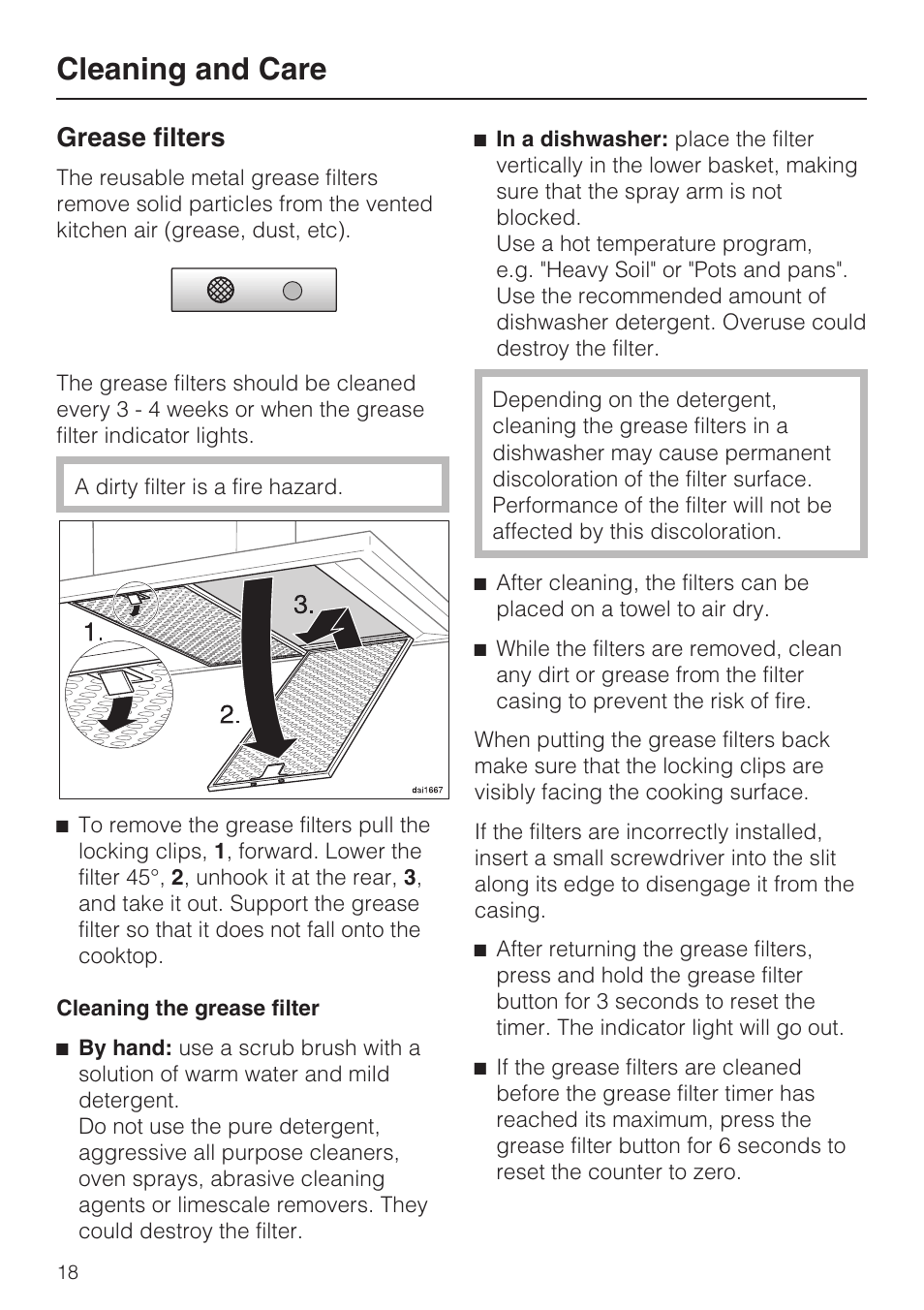 Grease filters 18, Cleaning and care, Grease filters | Miele DA408 User Manual | Page 18 / 36