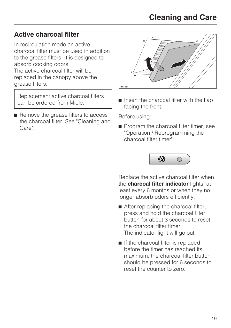 Active charcoal filter 19, Cleaning and care, Active charcoal filter | Miele DA408 User Manual | Page 19 / 36