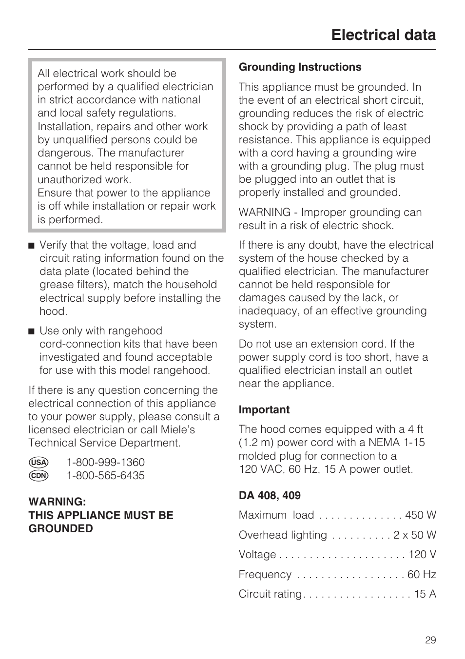 Electrical data 29, Electrical data | Miele DA408 User Manual | Page 29 / 36