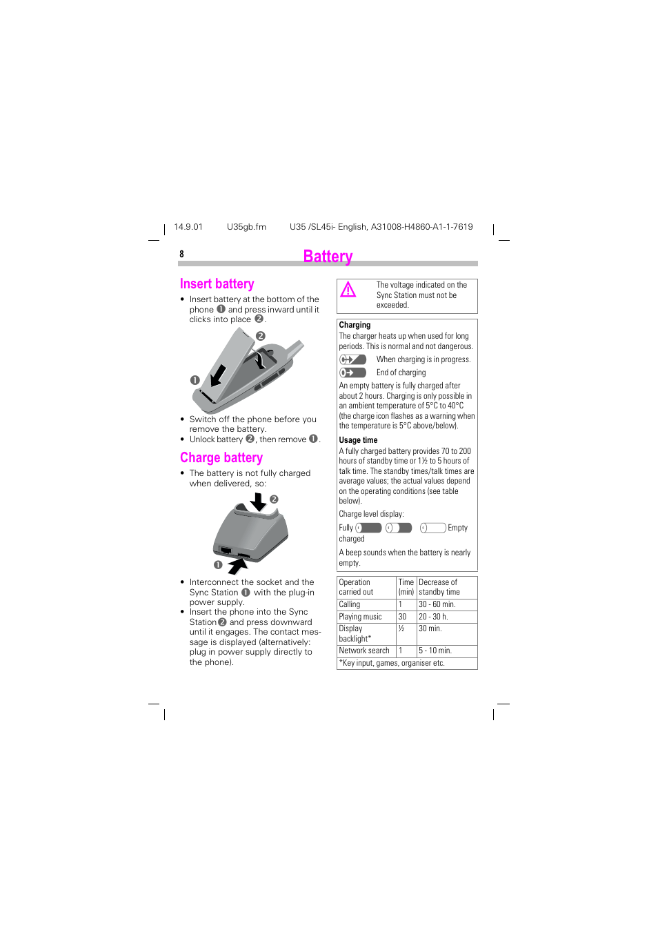 Battery, Dwwhu, Qvhuw edwwhu | Kdujh edwwhu | Siemens SL45i User Manual | Page 10 / 90