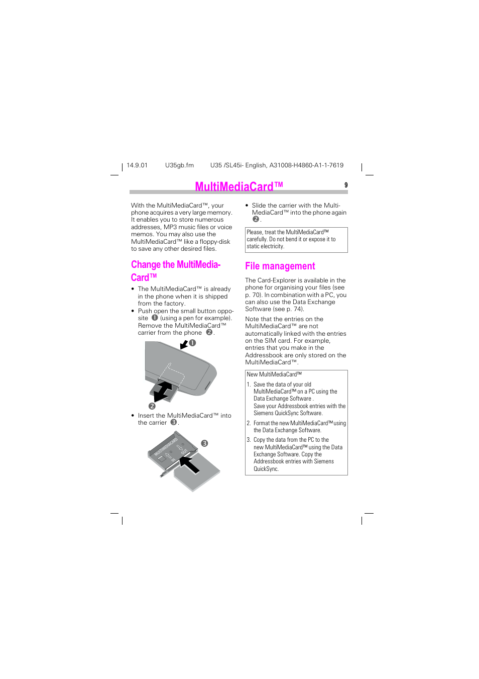 Multimediacard, 0xowl0hgld&dug, Kdqjh wkh 0xowl0hgld &dug | Loh pdqdjhphqw, No p | Siemens SL45i User Manual | Page 11 / 90