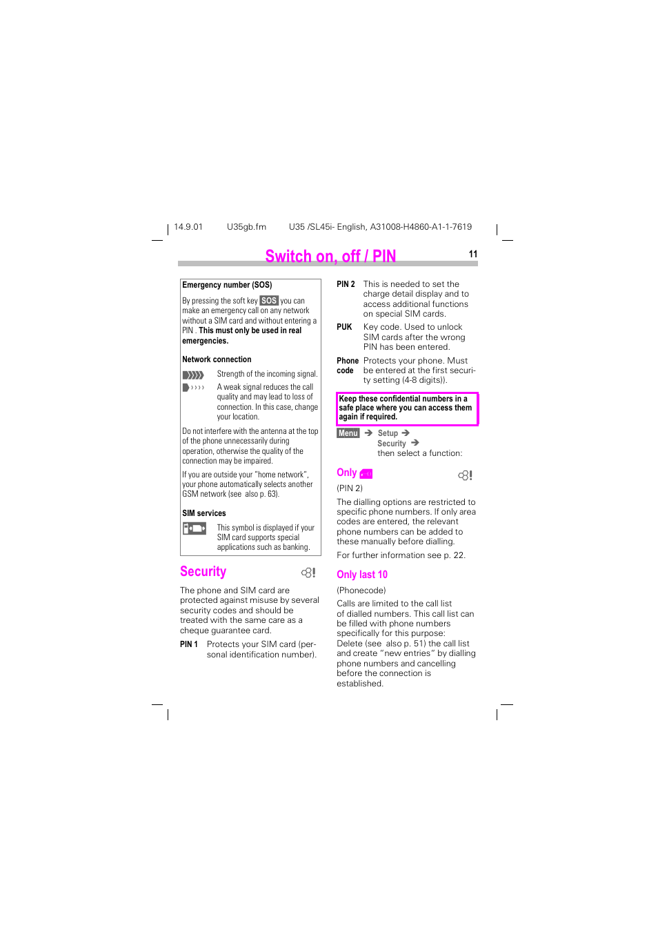 Security, 6zlwfk rq rii  3,1, 6hfxulw | Siemens SL45i User Manual | Page 13 / 90