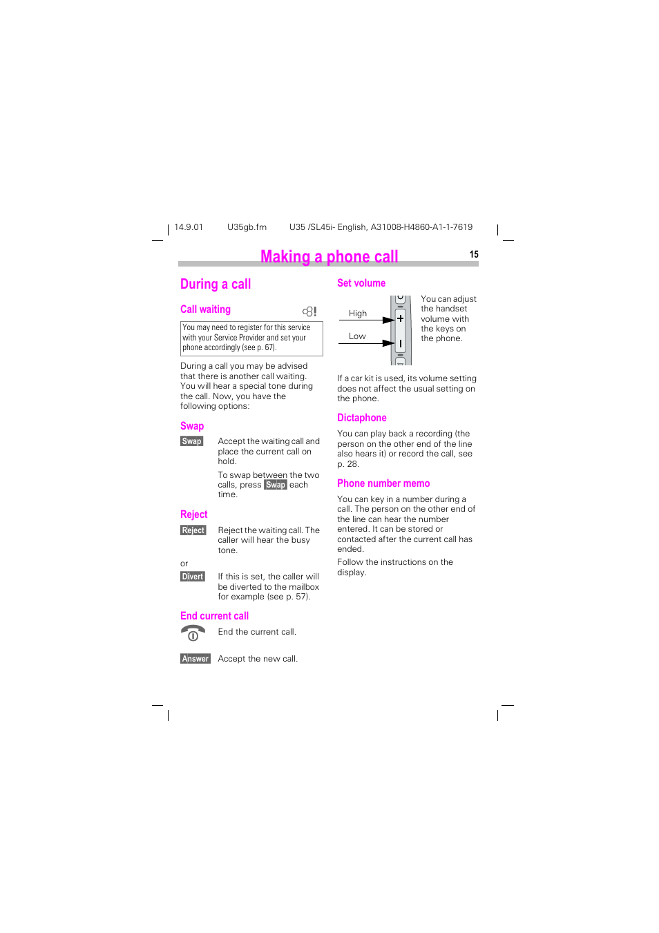 During a call, See p. 15, 0dnlqj d skrqh fdoo | Xulqj d fdoo | Siemens SL45i User Manual | Page 17 / 90