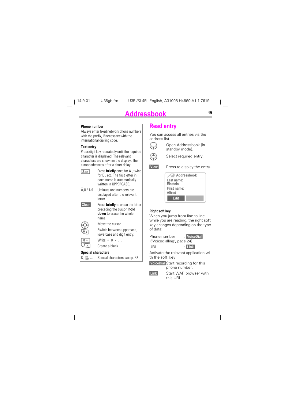 Read entry, Gguhvverrn, 5hdg hqwu | Siemens SL45i User Manual | Page 21 / 90