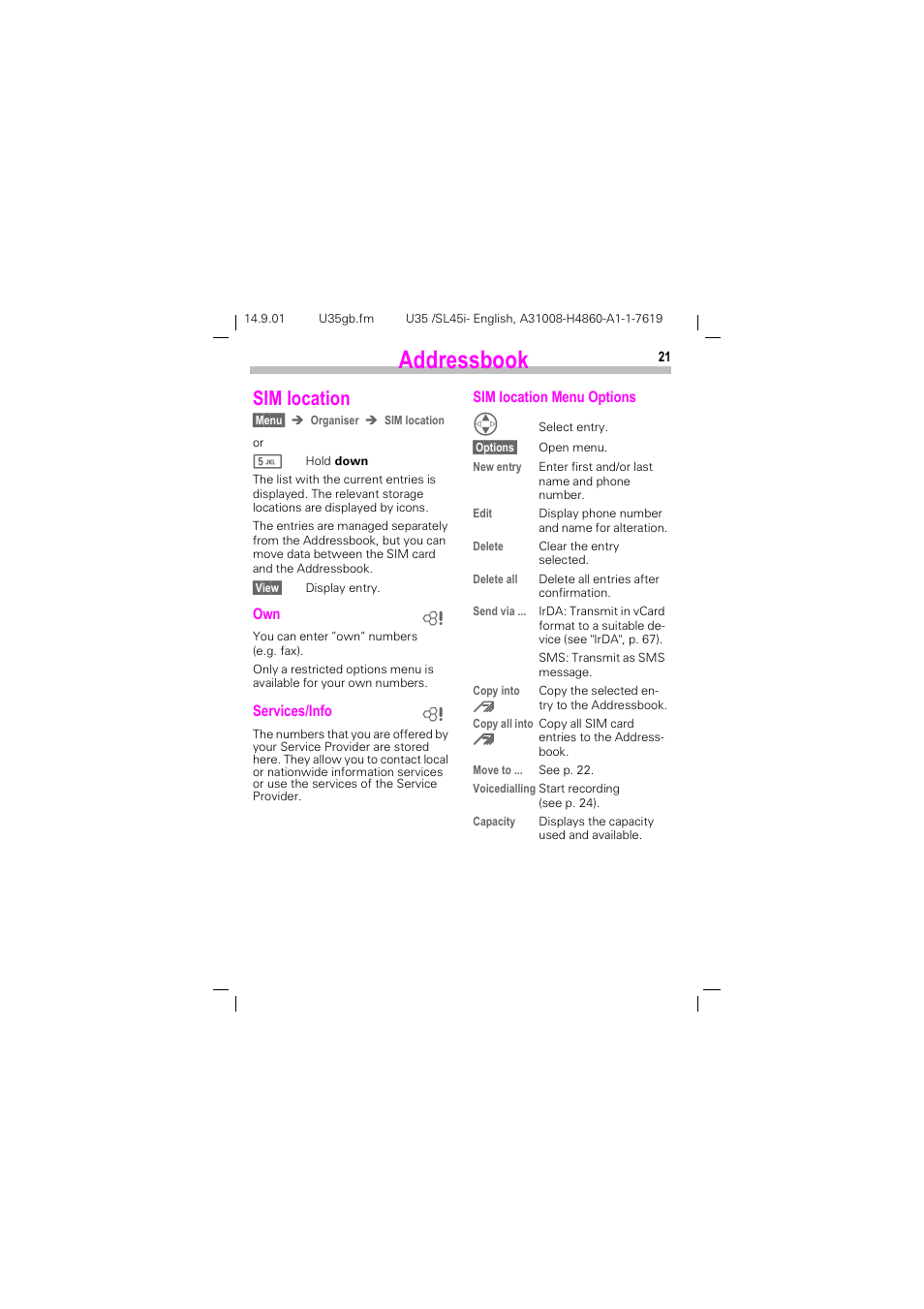 Sim location, See p. 21), P. 21) | Gguhvverrn, 6,0 orfdwlrq | Siemens SL45i User Manual | Page 23 / 90