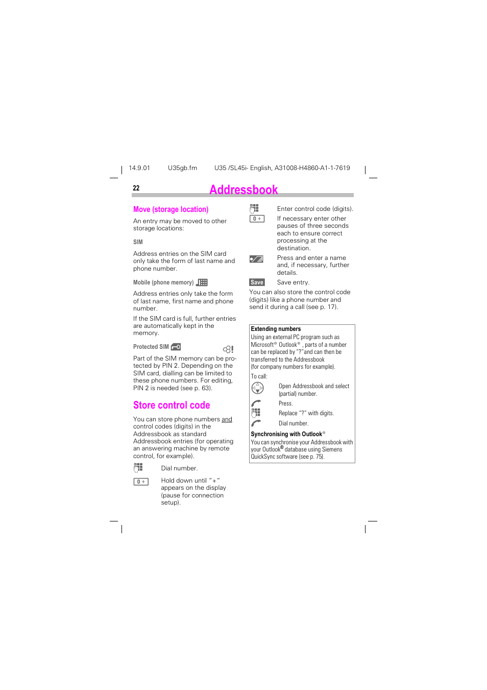 Store control code, Gguhvverrn, 6wruh frqwuro frgh | Siemens SL45i User Manual | Page 24 / 90