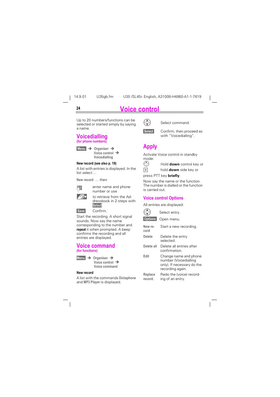 Voice control, 9rlfh frqwuro, 9rlfhgldoolqj | 9rlfh frppdqg | Siemens SL45i User Manual | Page 26 / 90