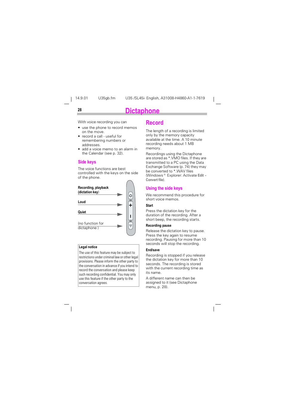 Dictaphone, Record, Lfwdskrqh | 5hfrug | Siemens SL45i User Manual | Page 30 / 90