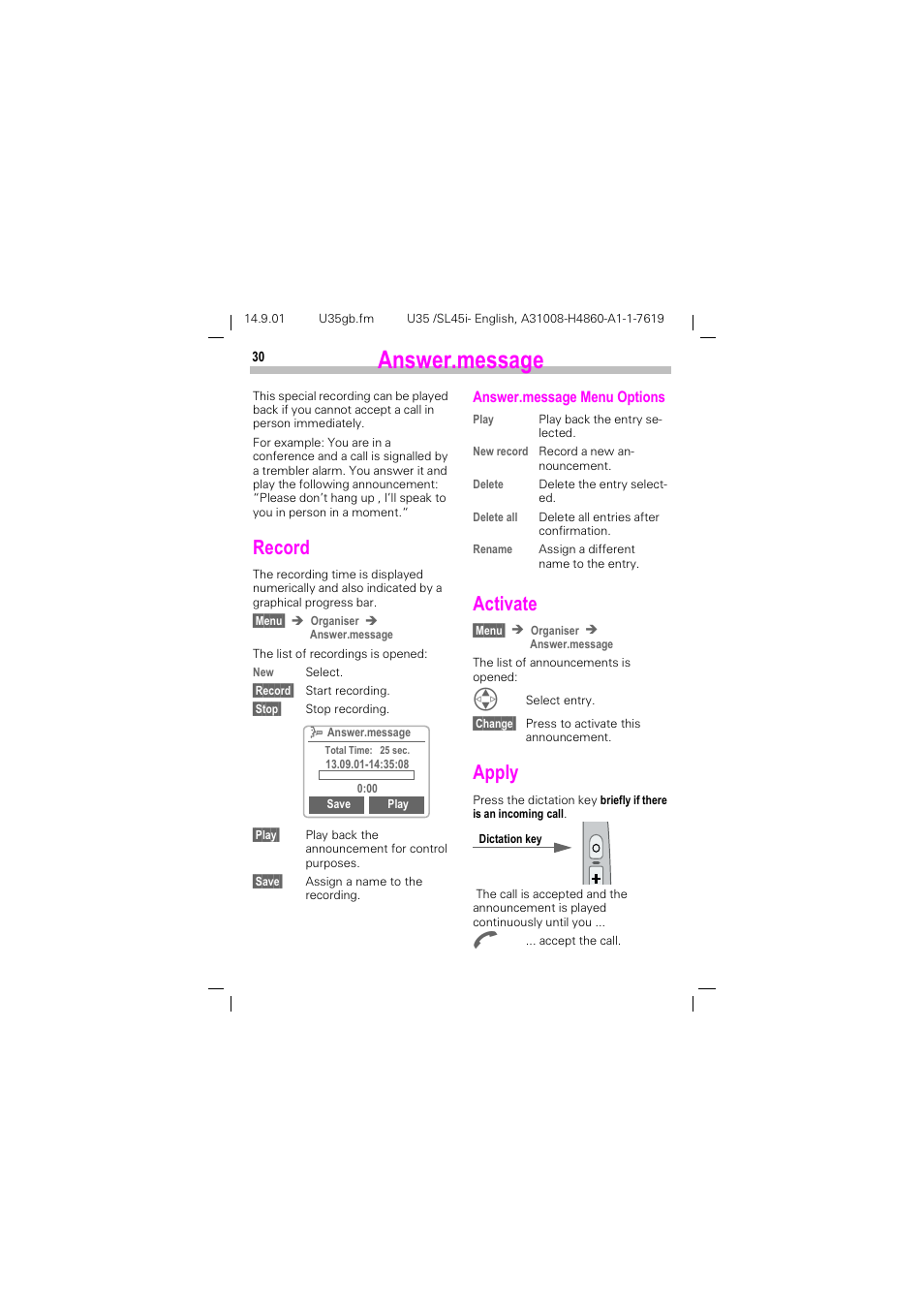 Answer.message, Qvzhuphvvdjh, See also p. 30) | 5hfrug, Fwlydwh | Siemens SL45i User Manual | Page 32 / 90