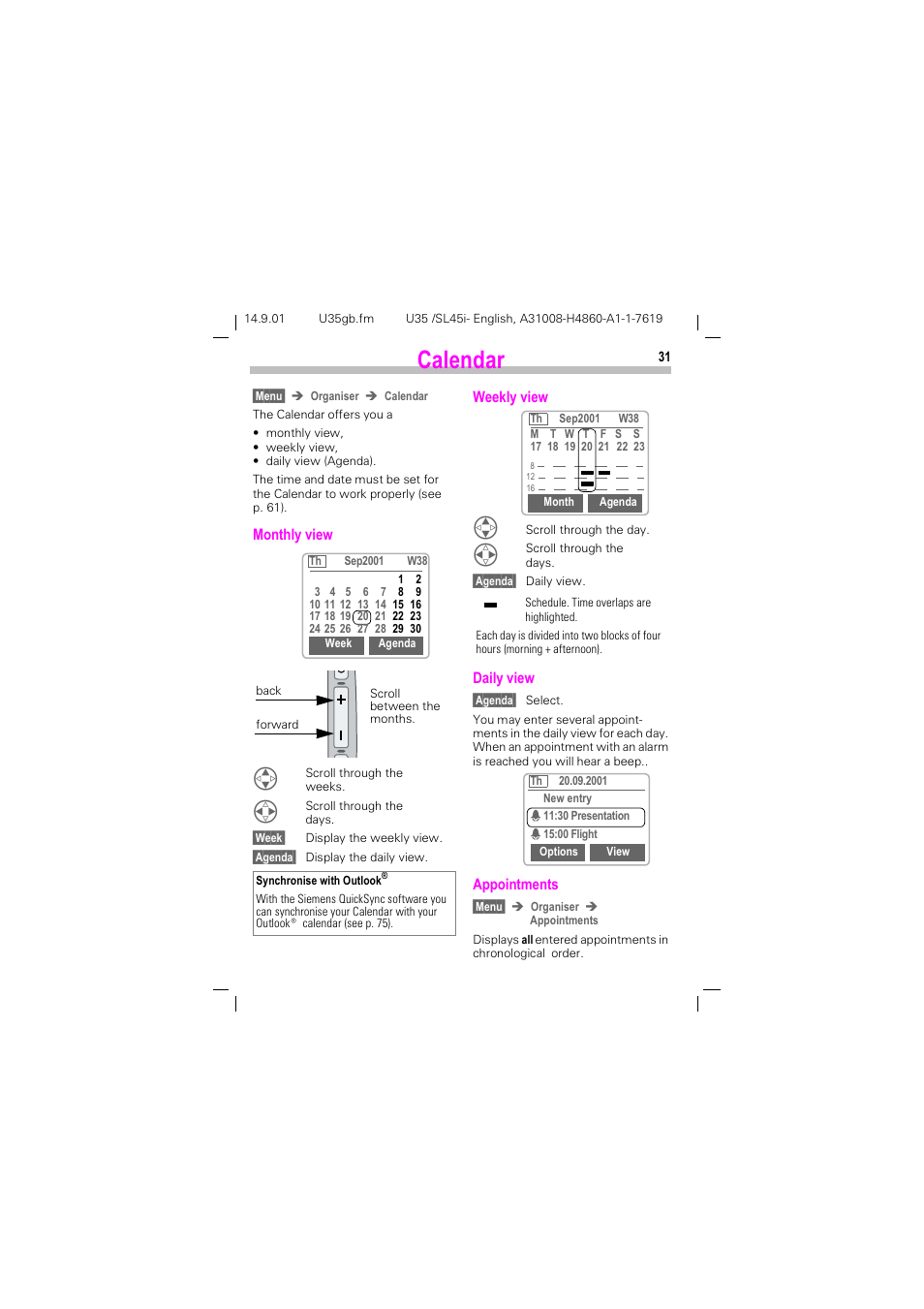 Calendar, Dohqgdu | Siemens SL45i User Manual | Page 33 / 90