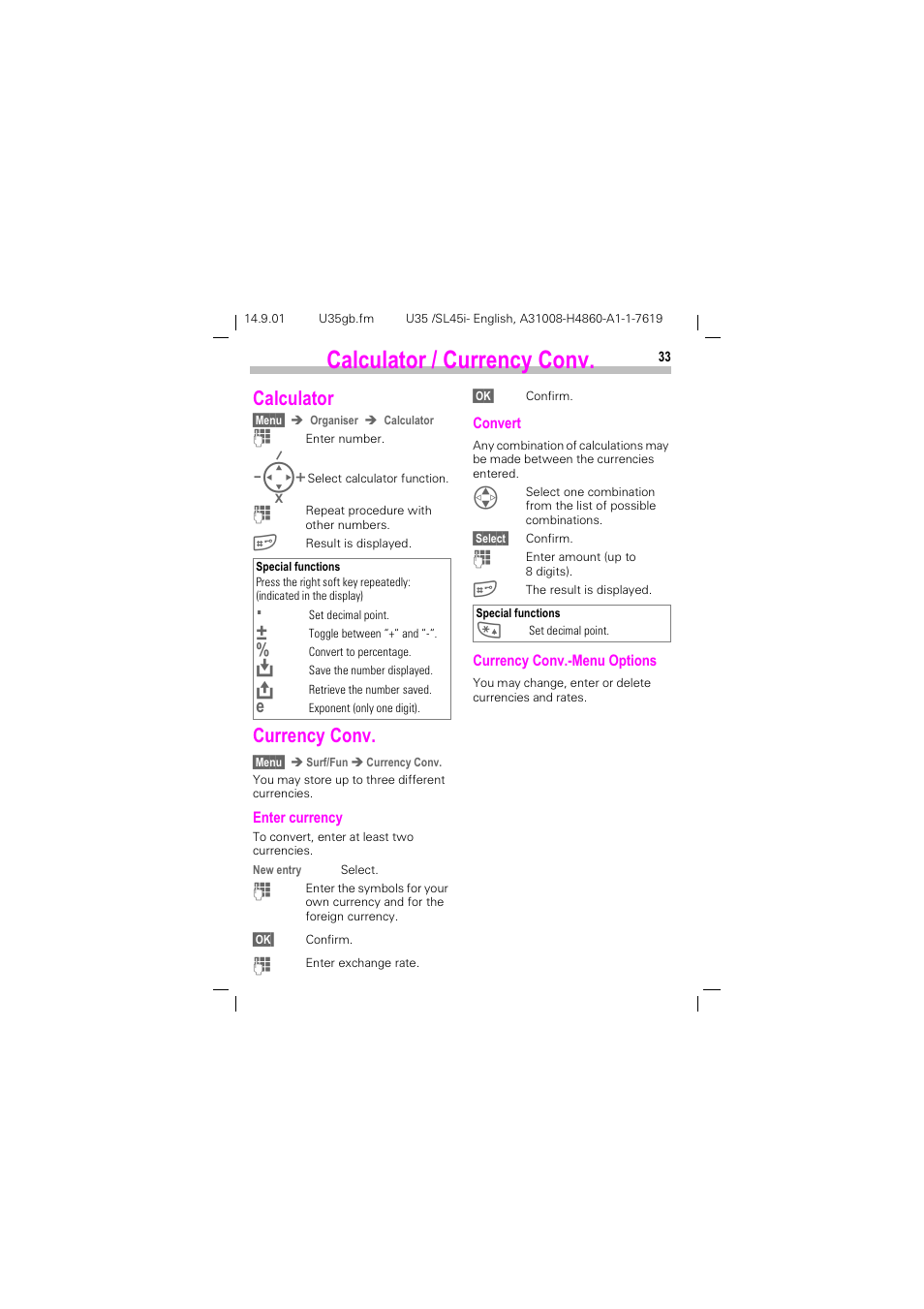 Calculator / currency conv, Dofxodwru  &xuuhqf\ &rqy, Dofxodwru | Xuuhqf\ &rqy | Siemens SL45i User Manual | Page 35 / 90