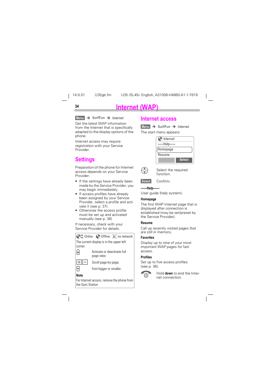 Internet (wap), Settings, Internet access | Qwhuqhw :$3, Settings internet access, 6hwwlqjv, Qwhuqhw dffhvv | Siemens SL45i User Manual | Page 36 / 90