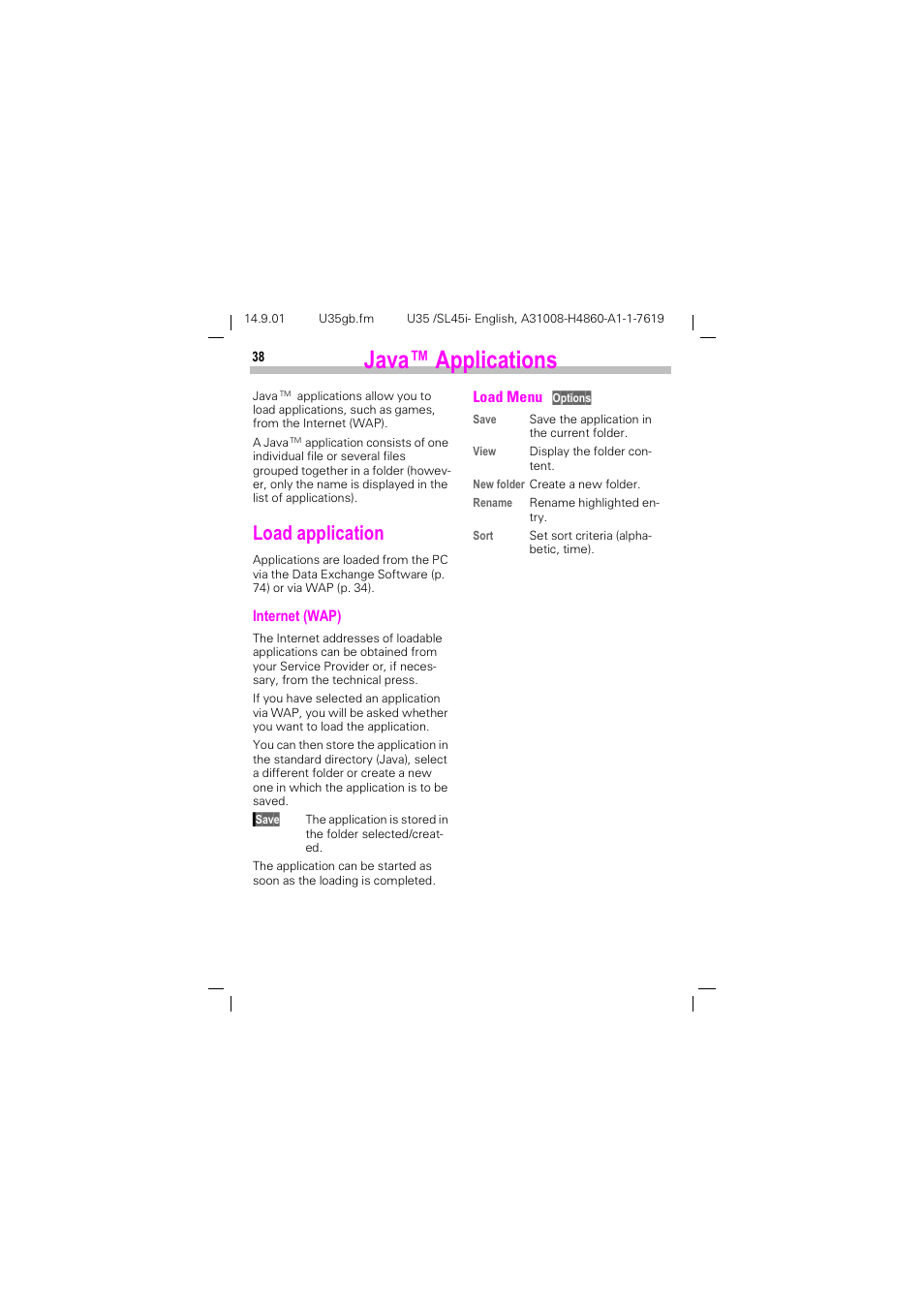 Java™ applications, Dyd $ssolfdwlrqv, Rdg dssolfdwlrq | Siemens SL45i User Manual | Page 40 / 90