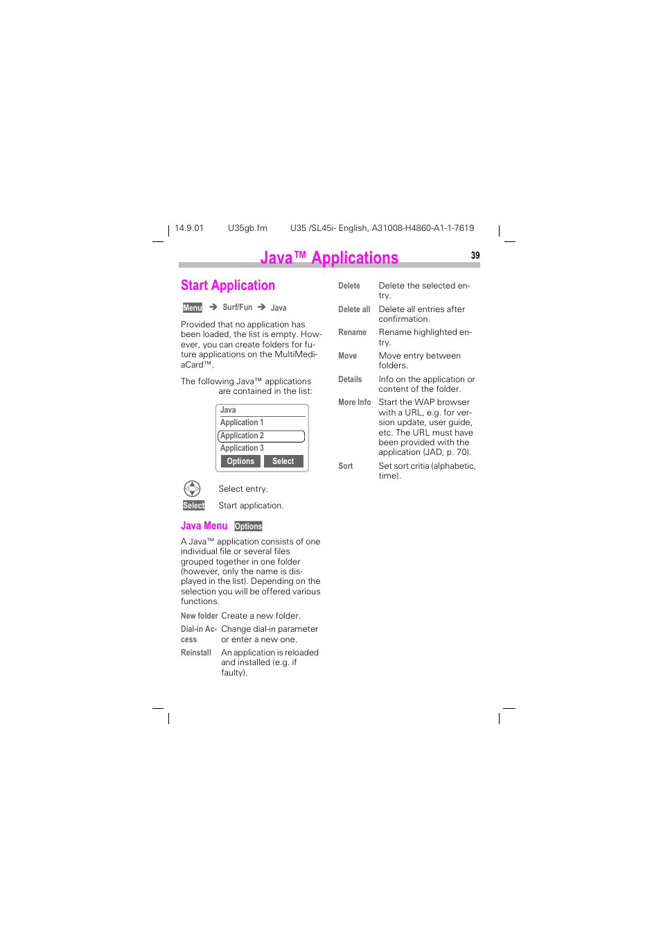 Dyd $ssolfdwlrqv, 6wduw $ssolfdwlrq | Siemens SL45i User Manual | Page 41 / 90