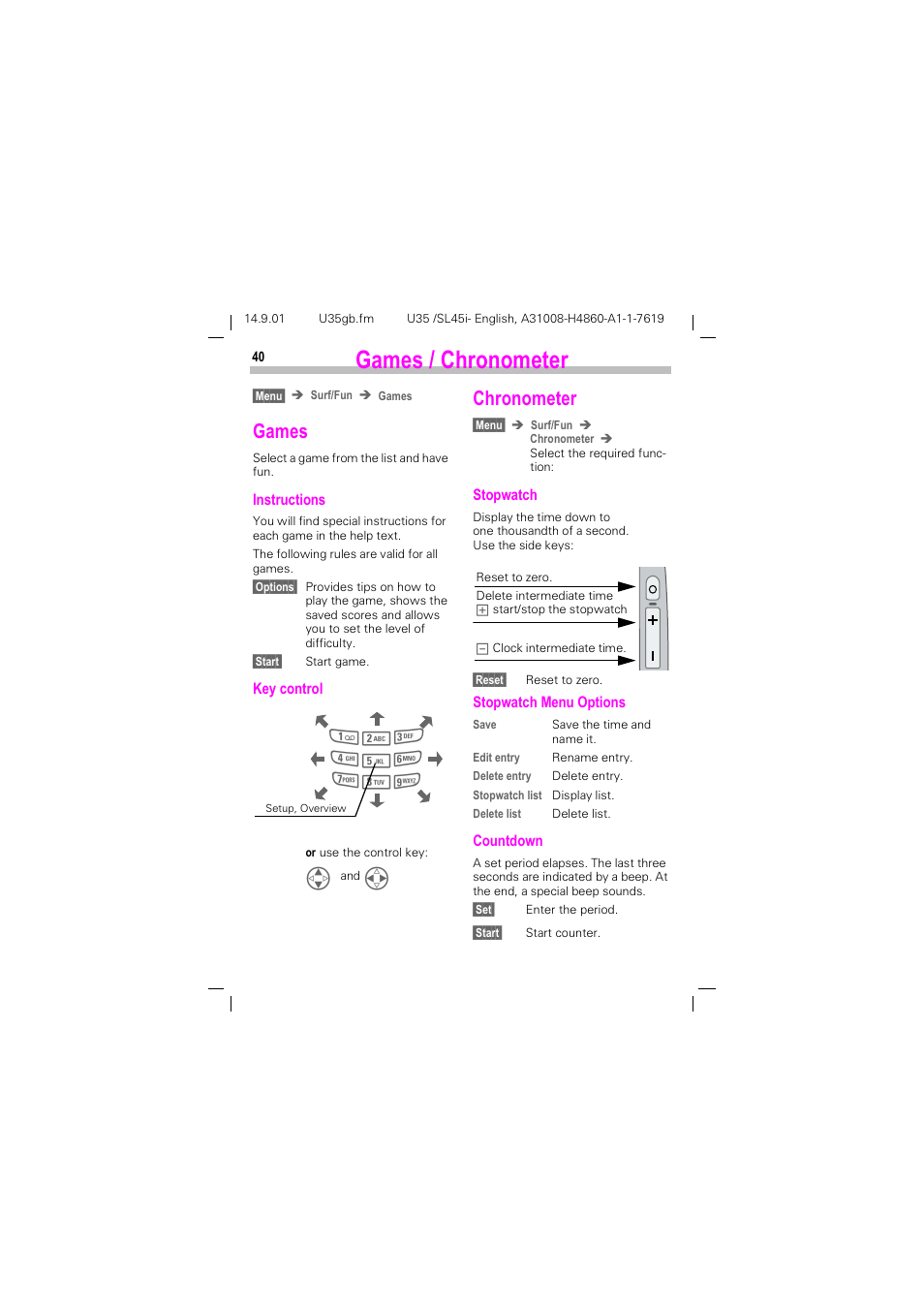 Games / chronometer, Dphv  &kurqrphwhu, Dphv | Kurqrphwhu | Siemens SL45i User Manual | Page 42 / 90