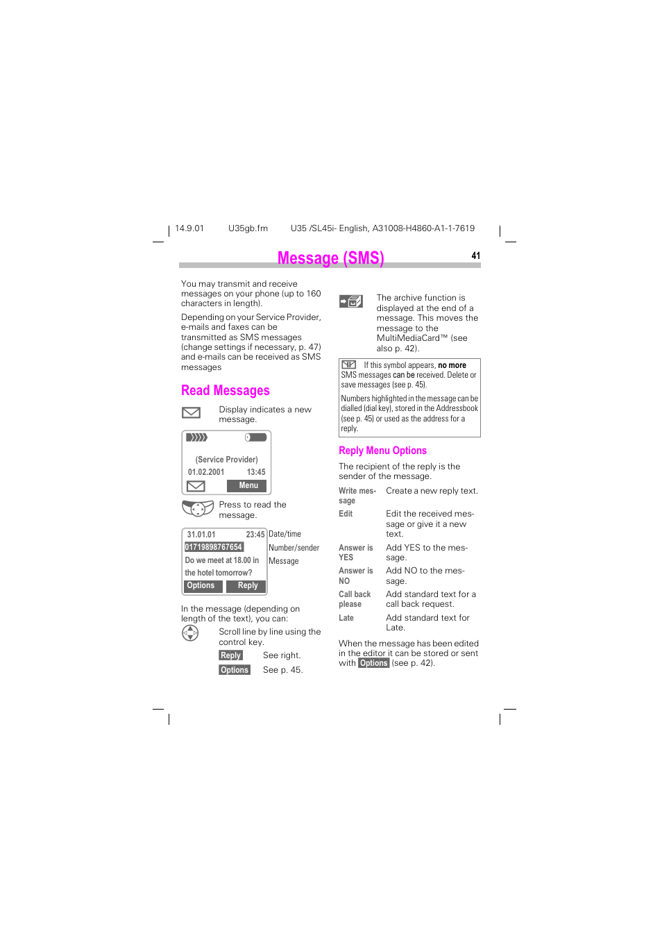 Message (sms), Read messages, 0hvvdjh 606 | 5hdg 0hvvdjhv | Siemens SL45i User Manual | Page 43 / 90