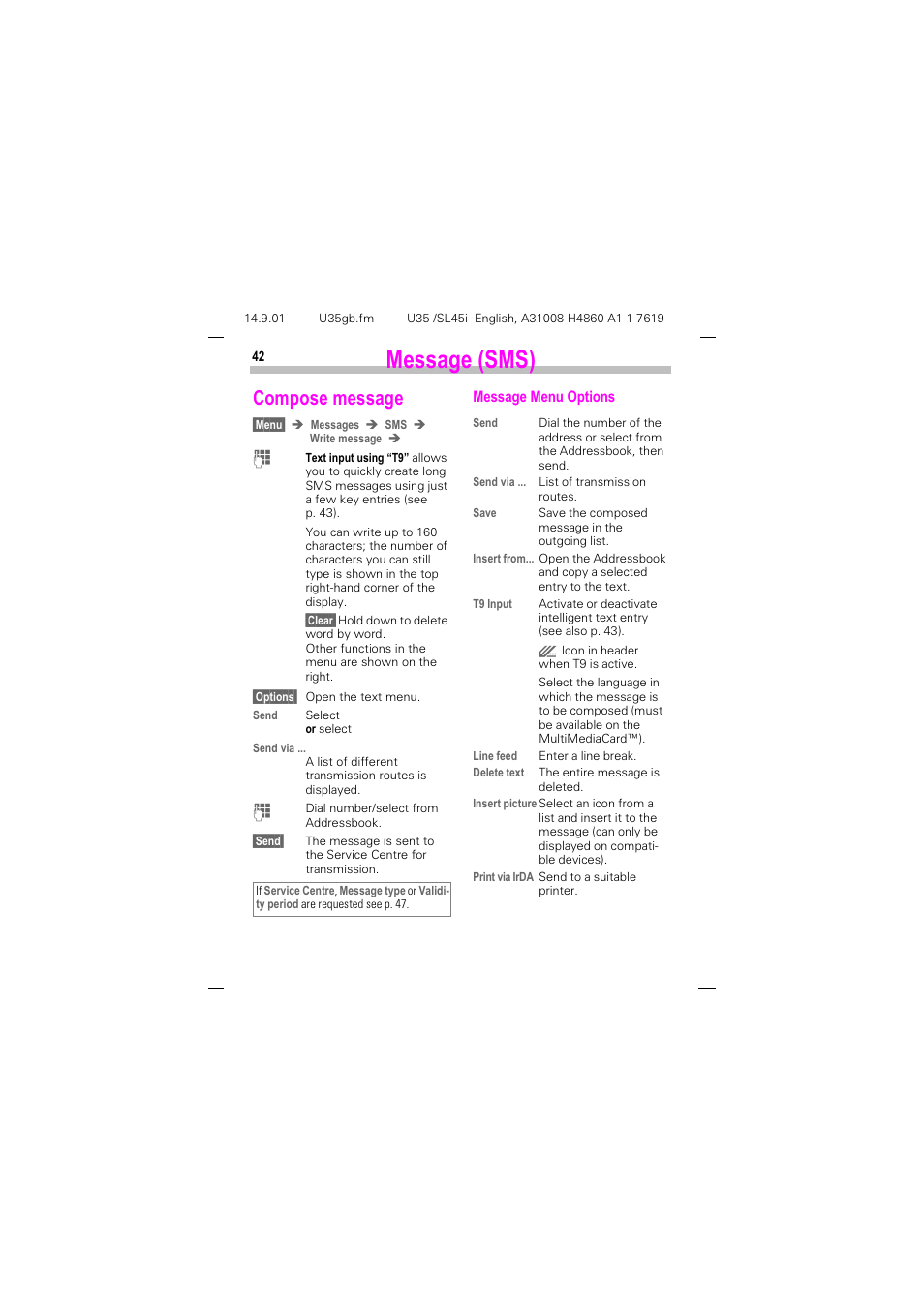 Compose message, See also p. 42), See p. 42) | 0hvvdjh 606, Rpsrvh phvvdjh | Siemens SL45i User Manual | Page 44 / 90