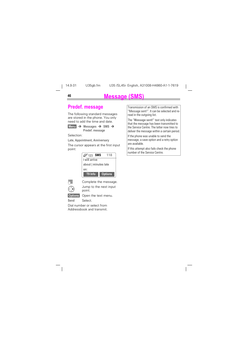 Predef. message, 0hvvdjh 606, 3uhghi phvvdjh | Siemens SL45i User Manual | Page 48 / 90