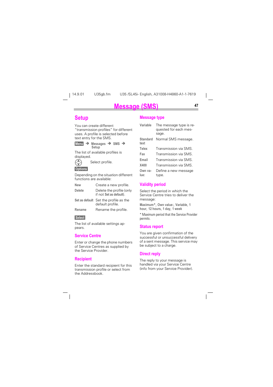 Setup, P. 47), 0hvvdjh 606 | 6hwxs | Siemens SL45i User Manual | Page 49 / 90