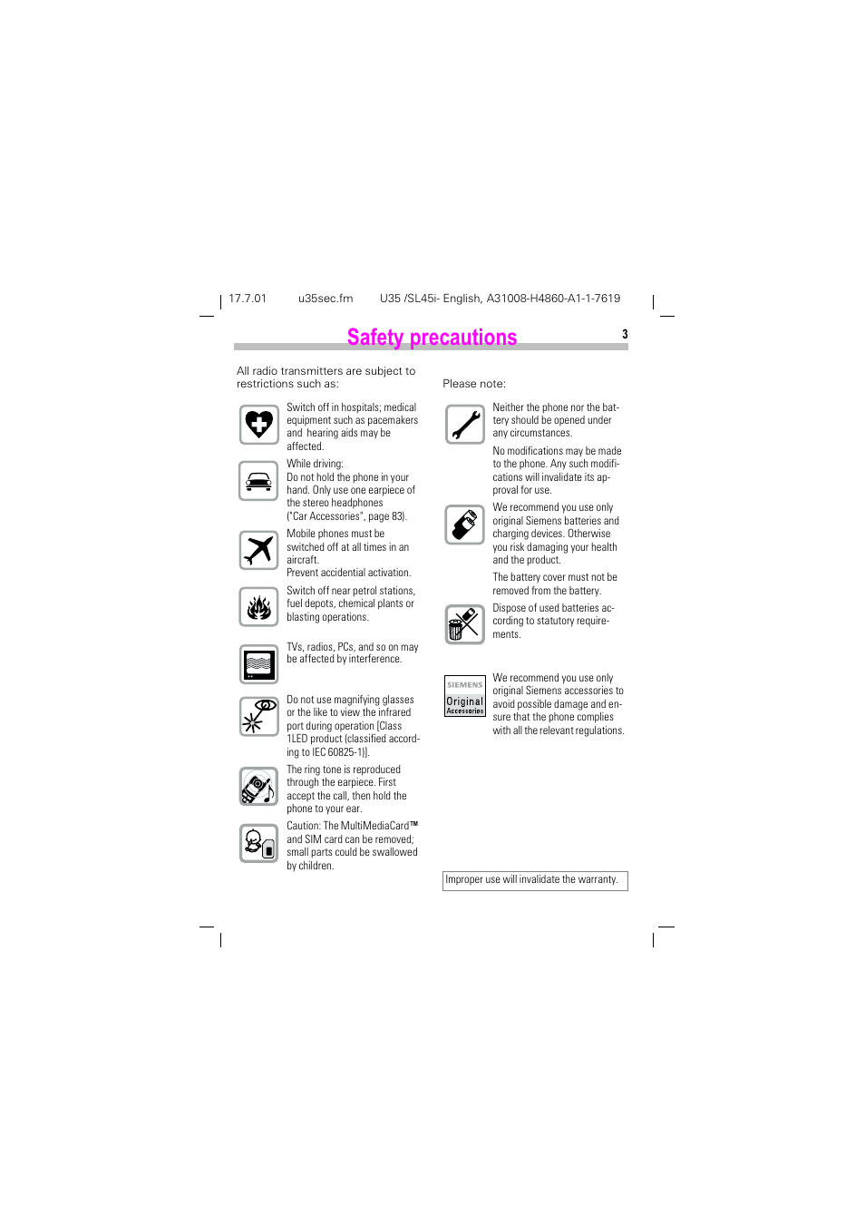 Safety precautions, 6dihw\ suhfdxwlrqv | Siemens SL45i User Manual | Page 5 / 90