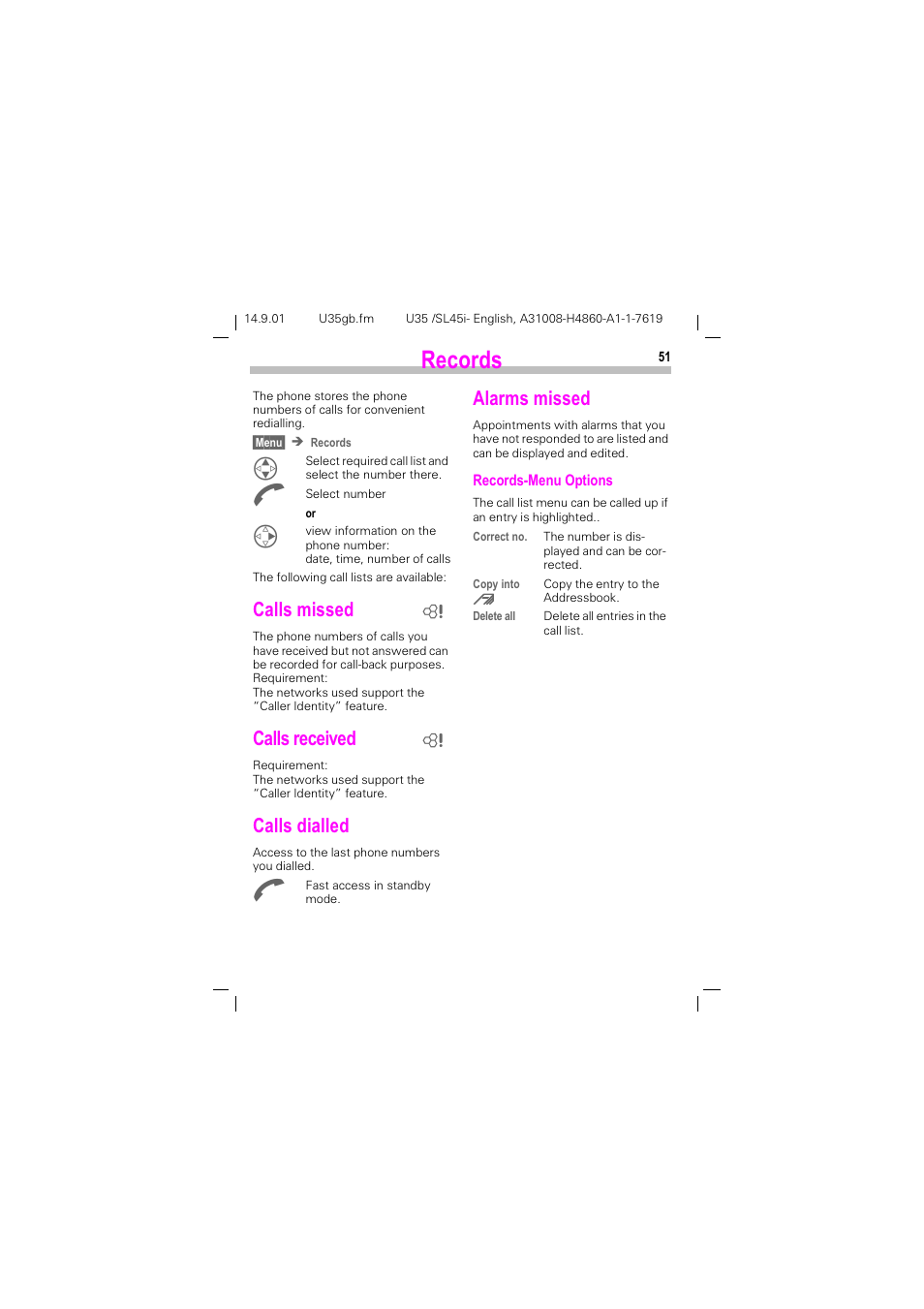 Records, Calls missed, Calls received | Calls dialled, Alarms missed, 5hfrugv, See p. 51, Doov plvvhg, Doov uhfhlyhg, Doov gldoohg | Siemens SL45i User Manual | Page 53 / 90