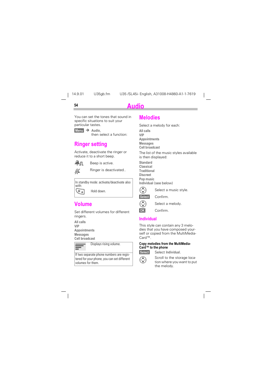 Audio, Ringer setting, Volume | Melodies, Xglr, Ringer setting volume melodies, See p. 54, P. 54, 5lqjhu vhwwlqj, 9roxph | Siemens SL45i User Manual | Page 56 / 90