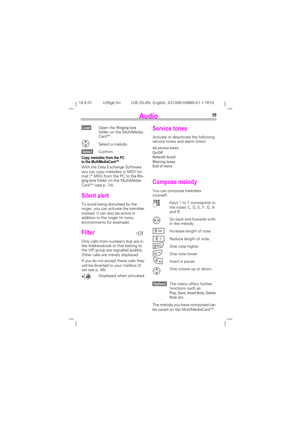 Silent alert, Filter, Service tones | Silent alert filter service tones, See p. 55), P. 55, Xglr, 6lohqw dohuw, Lowhu, 6huylfh wrqhv | Siemens SL45i User Manual | Page 57 / 90