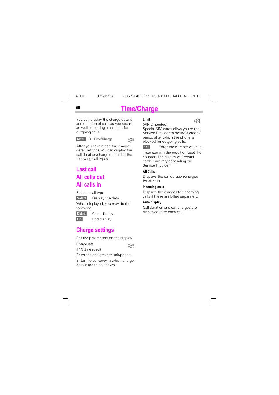 Time/charge, 7lph&kdujh, See p. 56) | Dvw fdoo $oo fdoov rxw $oo fdoov lq, Kdujh vhwwlqjv | Siemens SL45i User Manual | Page 58 / 90