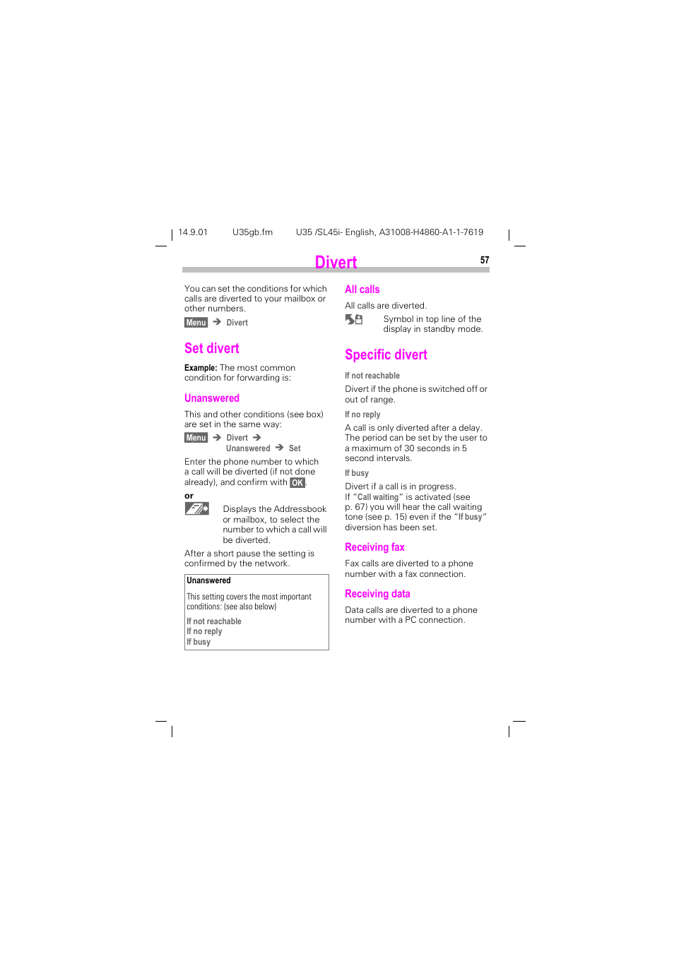 Divert, Lyhuw, See p. 57 | 6hw glyhuw, 6shflilf glyhuw | Siemens SL45i User Manual | Page 59 / 90