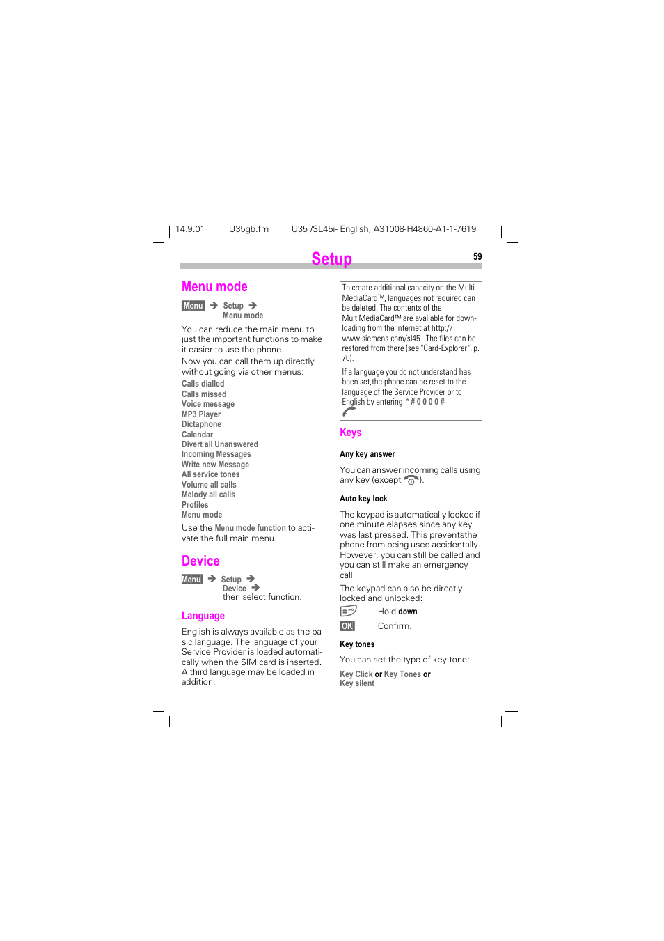 Setup, Menu mode, Device | 6hwxs, Menu mode device, See also p. 59), E "any key answer", p. 59, P. 59, 0hqx prgh, Hylfh | Siemens SL45i User Manual | Page 61 / 90