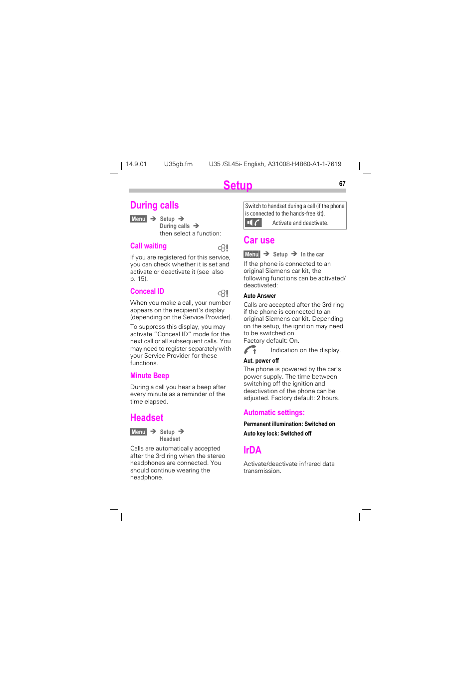 During calls, Headset, Car use | Irda, During calls headset car use irda, See "irda", p. 67), 6hwxs, Xulqj fdoov, Hdgvhw, Du xvh | Siemens SL45i User Manual | Page 69 / 90