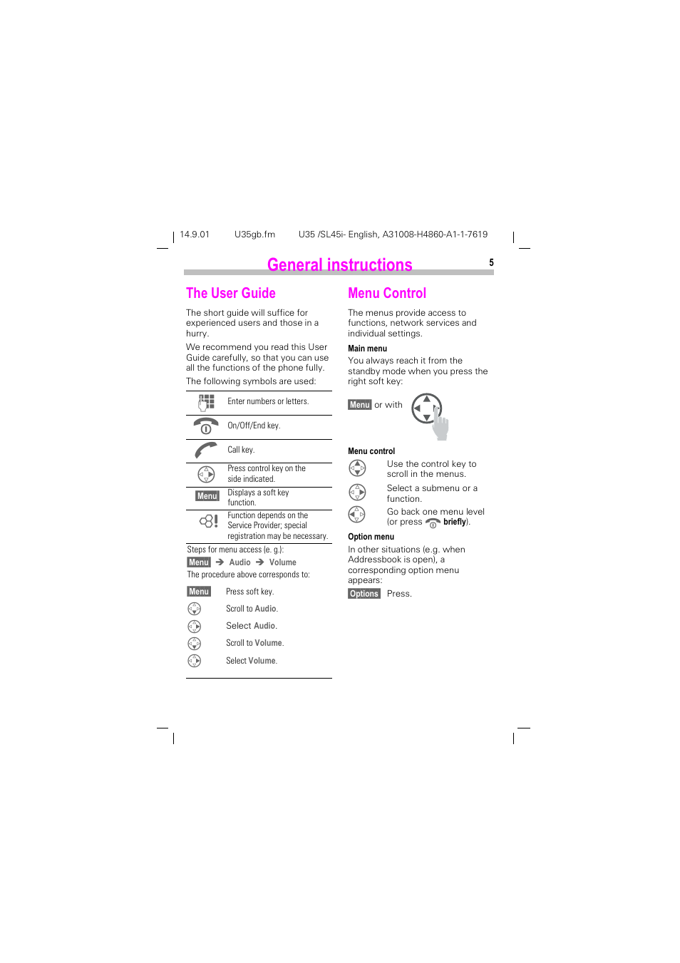 General instructions, The user guide, Menu control | Hqhudo lqvwuxfwlrqv, The user guide menu control, 7kh 8vhu *xlgh, 0hqx &rqwuro | Siemens SL45i User Manual | Page 7 / 90