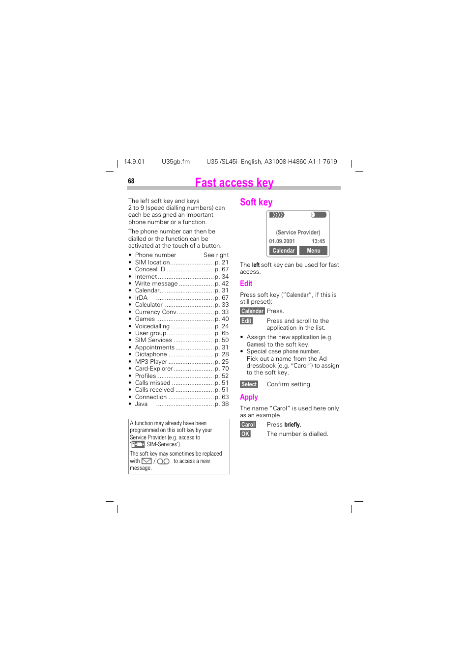 Fast access key, Soft key, Dvw dffhvv nh | 6riw nh | Siemens SL45i User Manual | Page 70 / 90