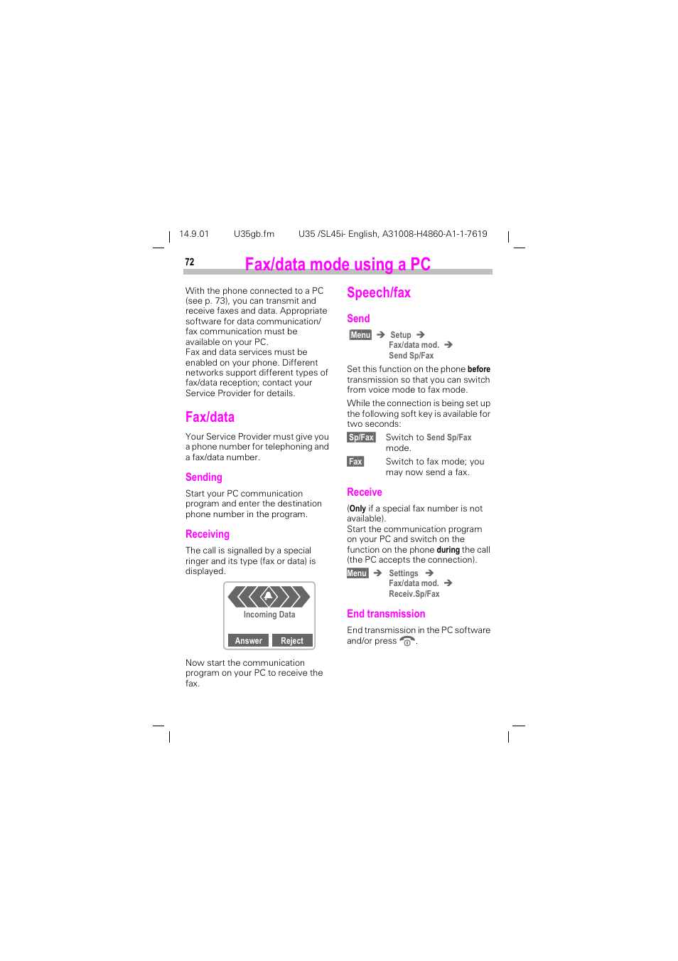 Fax/data mode using a pc, Fax/data, D[gdwd prgh xvlqj d 3 | See p. 72, D[gdwd, 6shhfkid | Siemens SL45i User Manual | Page 74 / 90