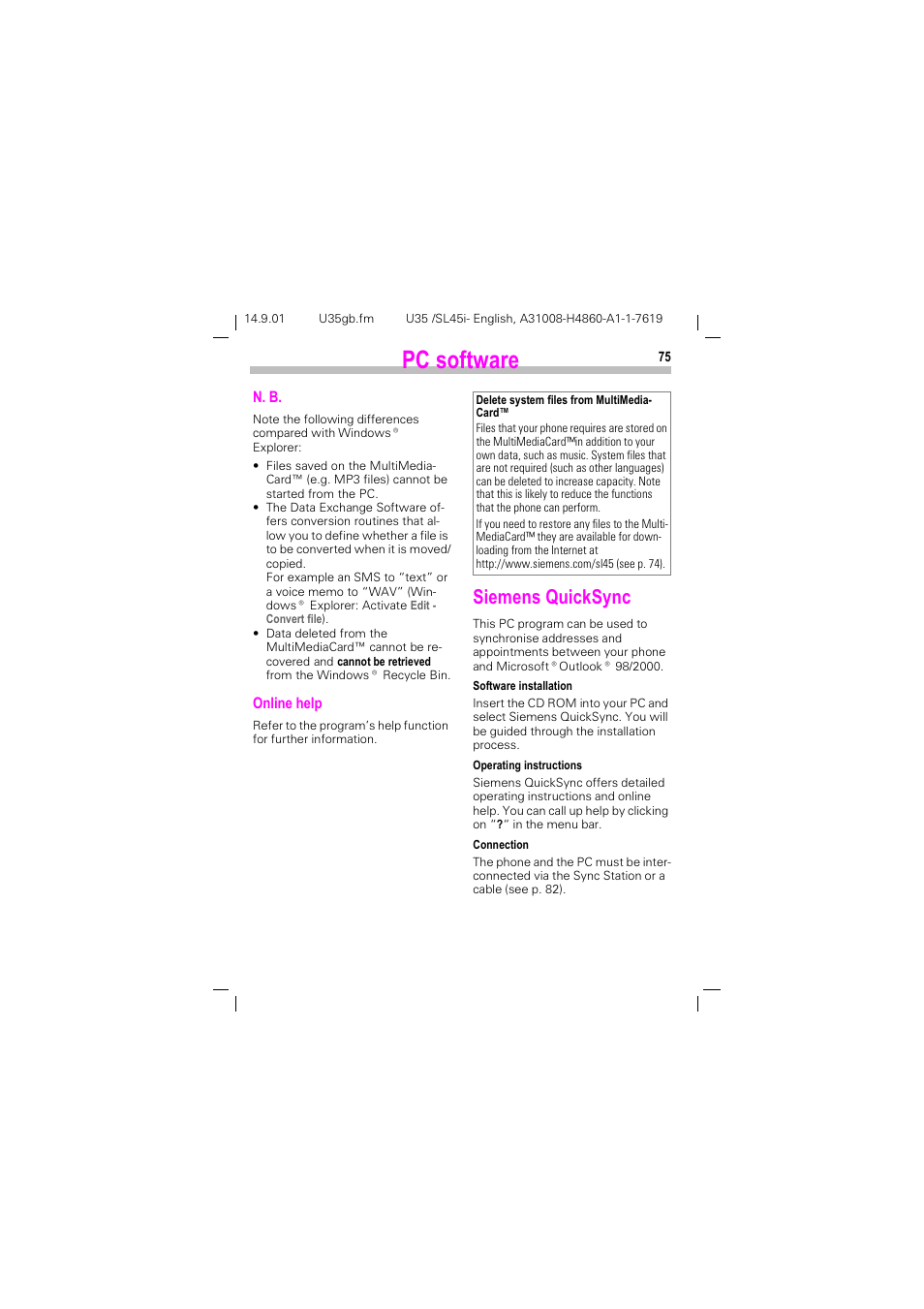 Siemens quicksync, 3& vriwzduh, 6lhphqv 4xlfn6\qf | Siemens SL45i User Manual | Page 77 / 90