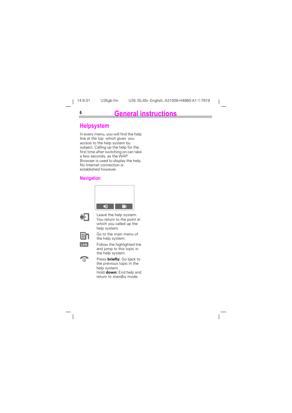 Helpsystem, Hqhudo lqvwuxfwlrqv | Siemens SL45i User Manual | Page 8 / 90