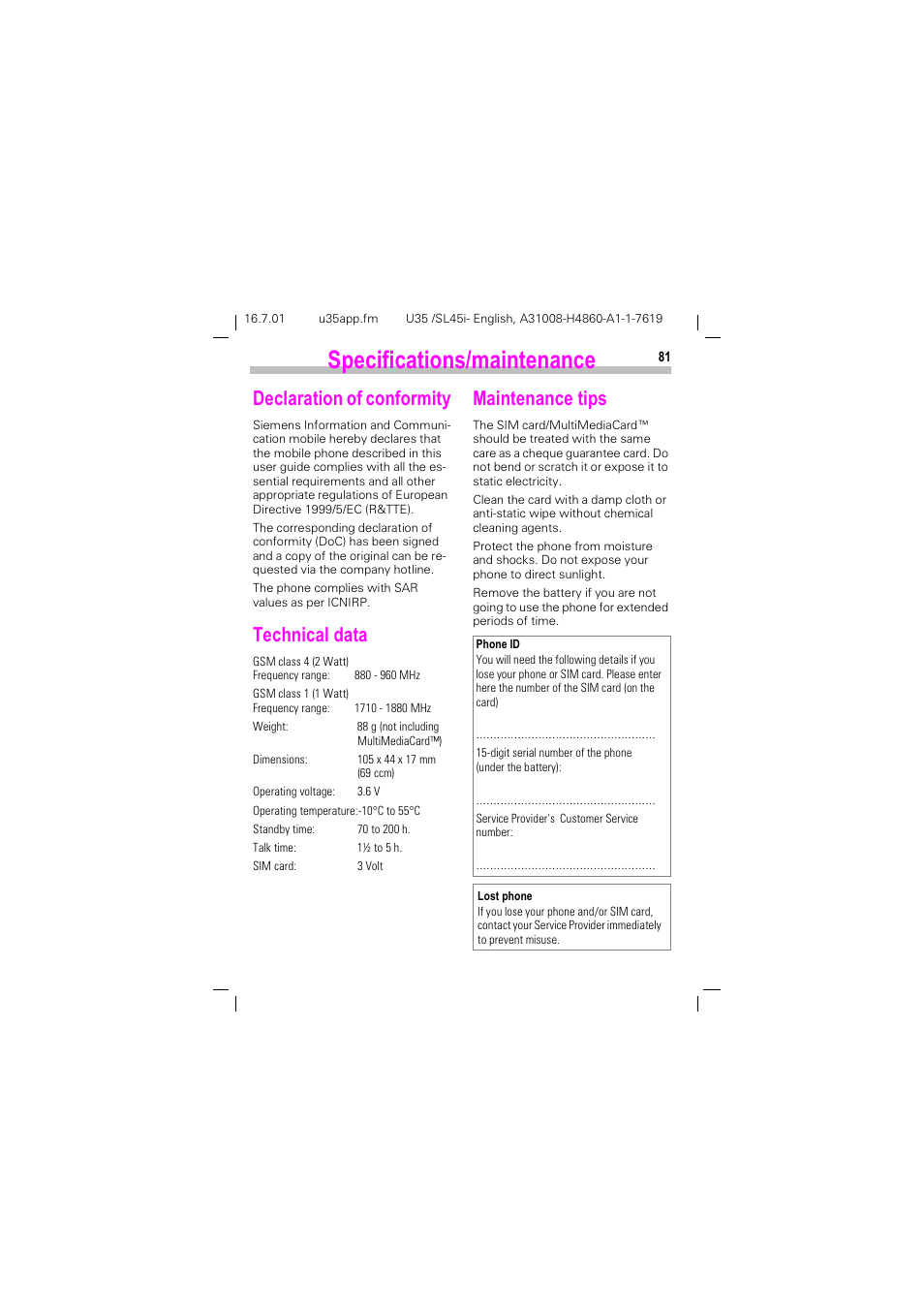 Specifications/maintenance, Declaration of conformity, Technical data | Maintenance tips, 6shflilfdwlrqvpdlqwhqdqfh, Hfodudwlrq ri frqiruplw, 7hfkqlfdo gdwd, 0dlqwhqdqfh wlsv | Siemens SL45i User Manual | Page 83 / 90