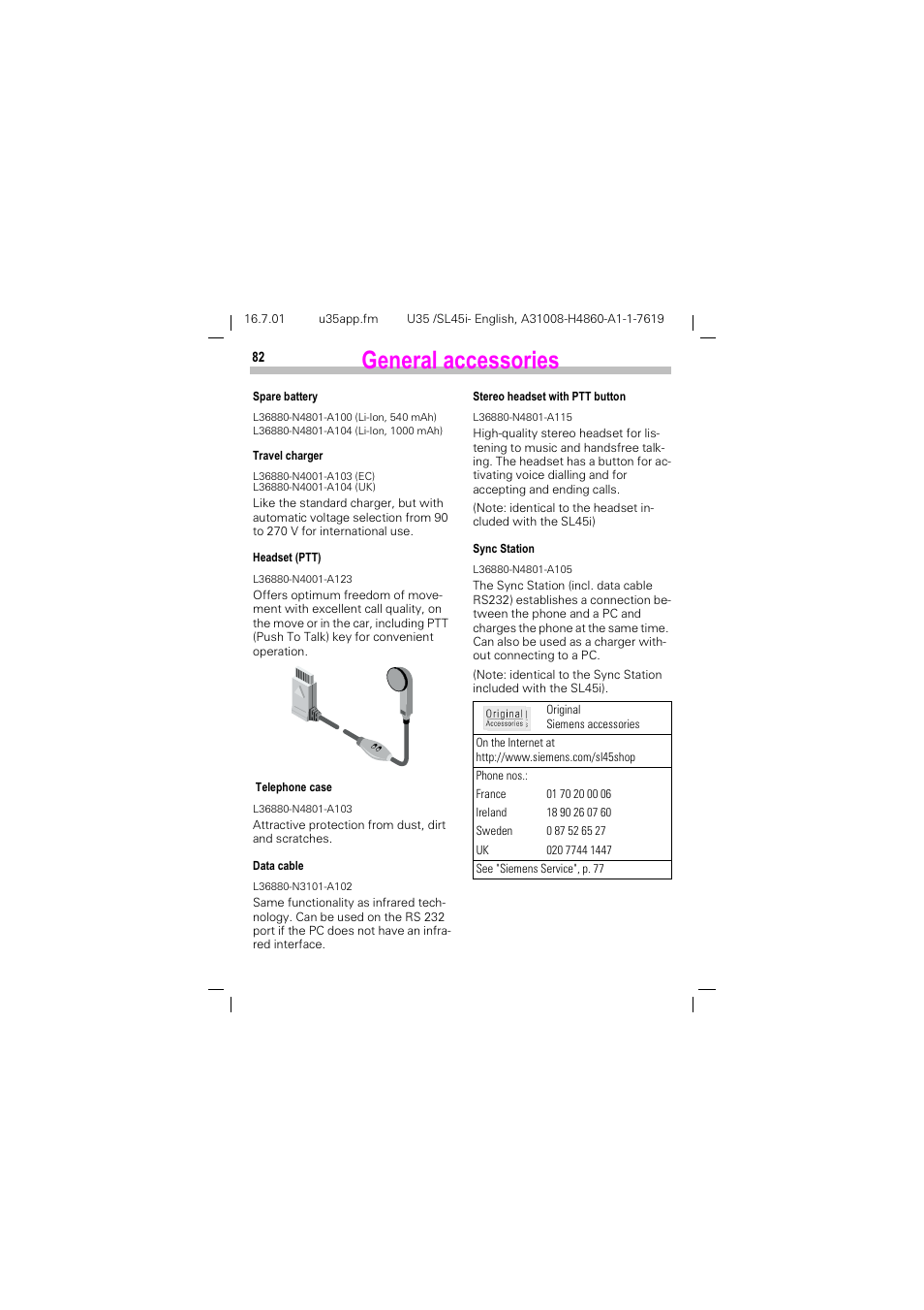 General accessories, Hqhudo dffhvvrulhv | Siemens SL45i User Manual | Page 84 / 90