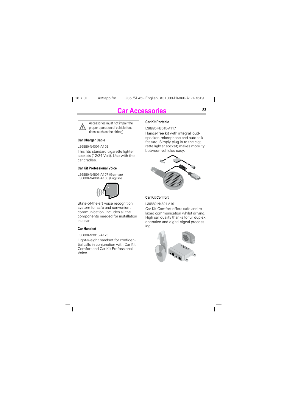 Car accessories, Du $ffhvvrulhv | Siemens SL45i User Manual | Page 85 / 90