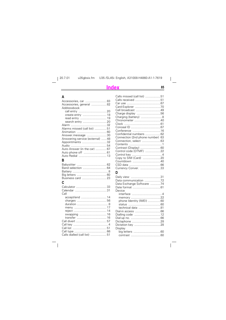 Index | Siemens SL45i User Manual | Page 87 / 90