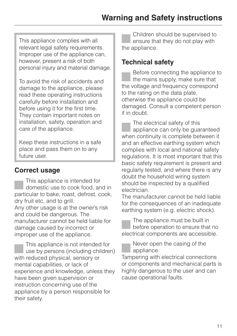 Warning and safety instructions 11, Warning and safety instructions, Correct usage | Technical safety | Miele H 4681 User Manual | Page 11 / 60