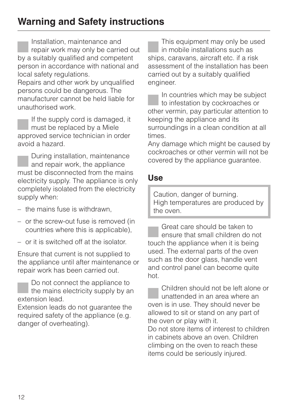 Warning and safety instructions | Miele H 4681 User Manual | Page 12 / 60