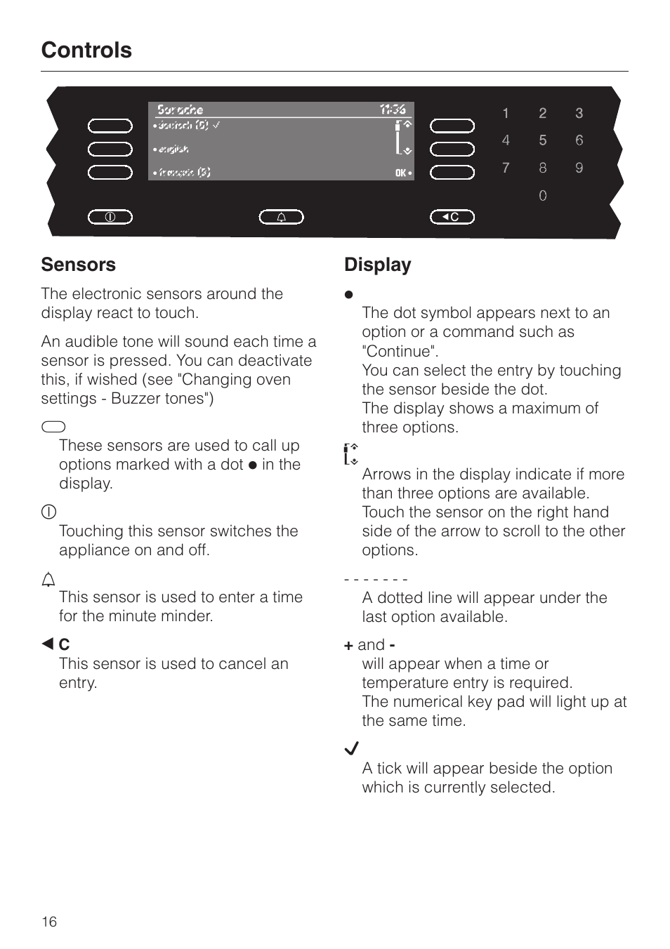 Controls 16, Sensors 16, Display 16 | Controls, Sensors, Display | Miele H 4681 User Manual | Page 16 / 60